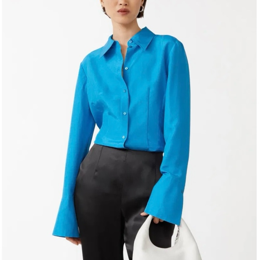 & Other Stories Vibrant Blue 90s Style Fitted 100% Silk Shirt Size Medium